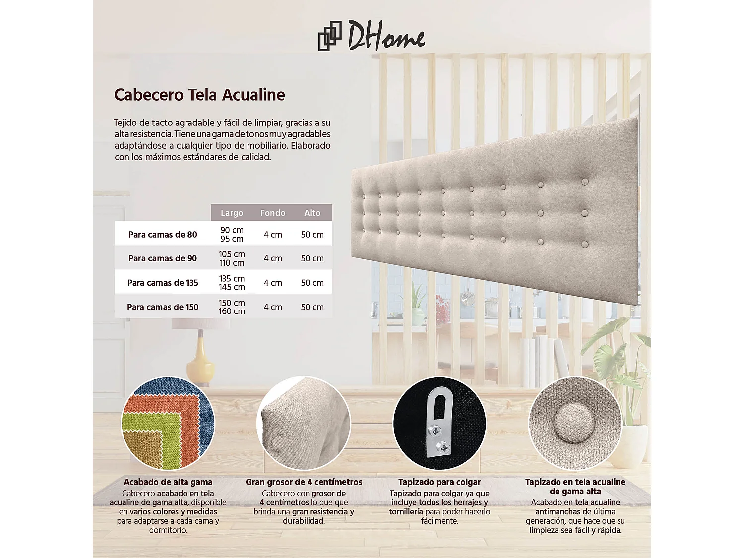 DHOME Hoofdbord de stof ACUALINE met 3 rijen knopen en poten gepolsterd luxe hoofdbord voor bed (Beige, 135cm)