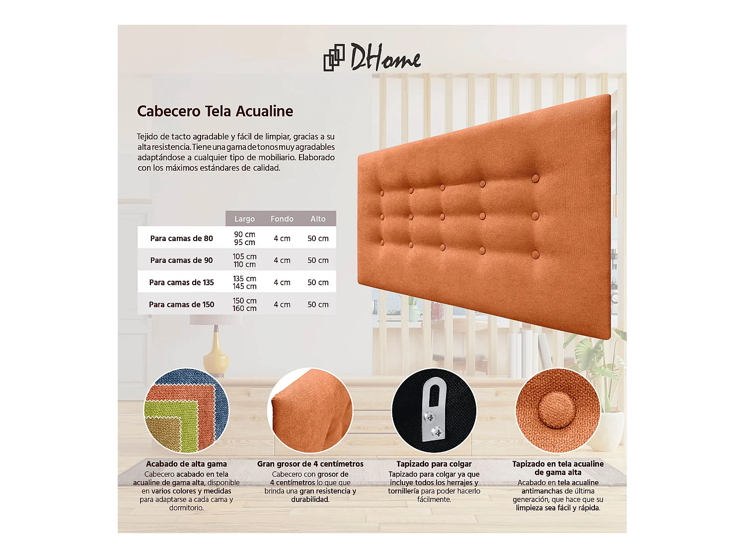 DHOME Kopfteil de Stoff ACUALINE mit 3 Knopfreihen und Beinen gepolstertes luxuriöses Bettkopfteil (Negro, 110cm)