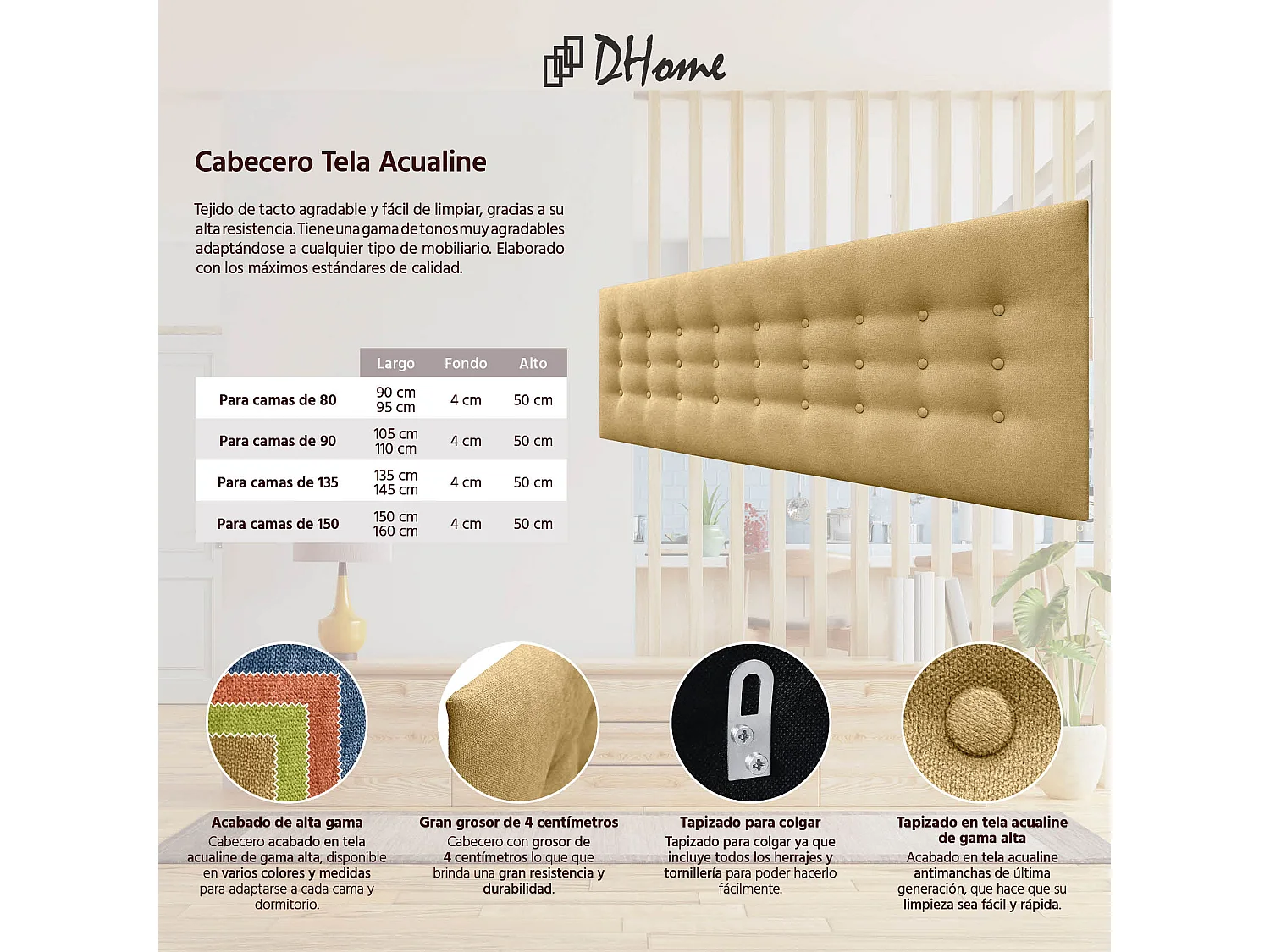 DHOME Tête de Lit en Tissu ACUALINE avec 3 Rangées de Boutons Tête de Lit Capitonnée de Luxe (Moutarde, 145cm)