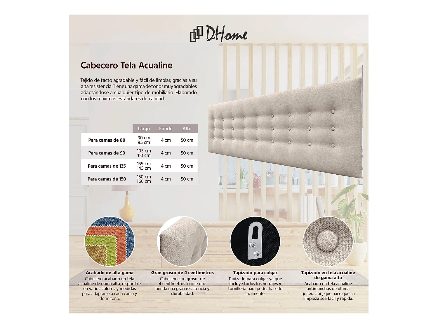 DHOME Kopfteil de Stoff ACUALINE mit 3 Knopfreihen und Beinen gepolstertes luxuriöses Bettkopfteil (Beige, 150cm)