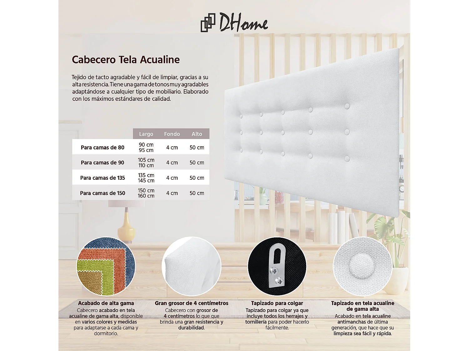 DHOME Kopfteil de Stoff ACUALINE mit 3 Knopfreihen und Beinen gepolstertes luxuriöses Bettkopfteil (Blanco, 90cm)