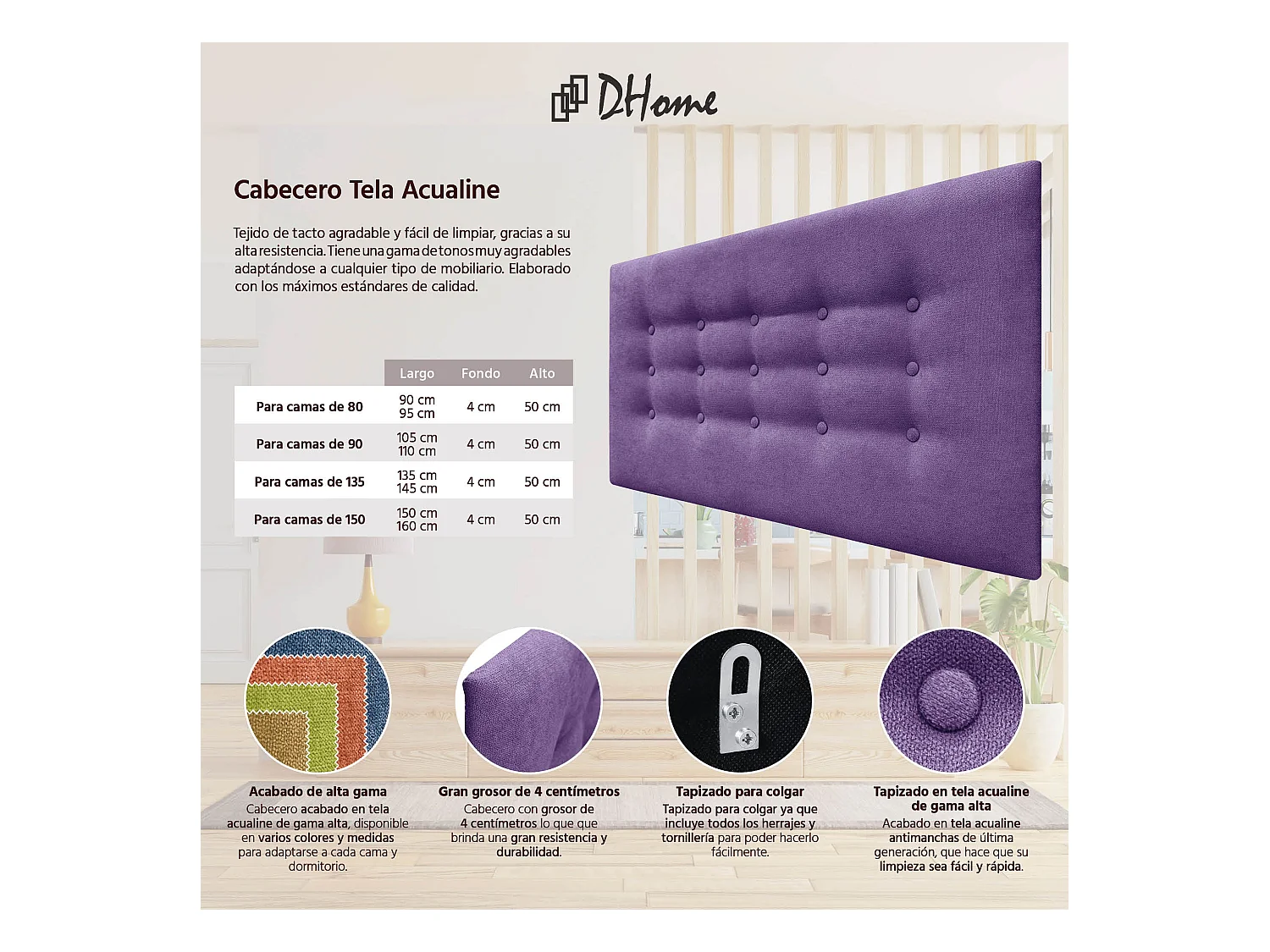 DHOME Kopfteil de Stoff ACUALINE mit 3 Knopfreihen und Beinen gepolstertes luxuriöses Bettkopfteil (Lila, 90cm)