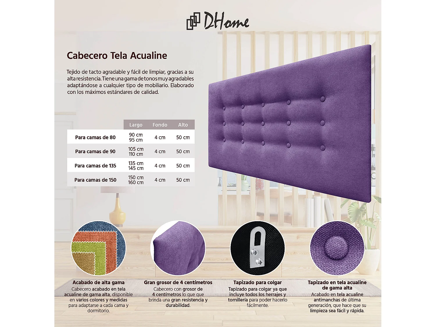 DHOME Tête de lit de tissu ACUALINE avec 3 rangées de boutons et pieds tête de lit capitonnée de luxe pour lit (Lila, 90cm)
