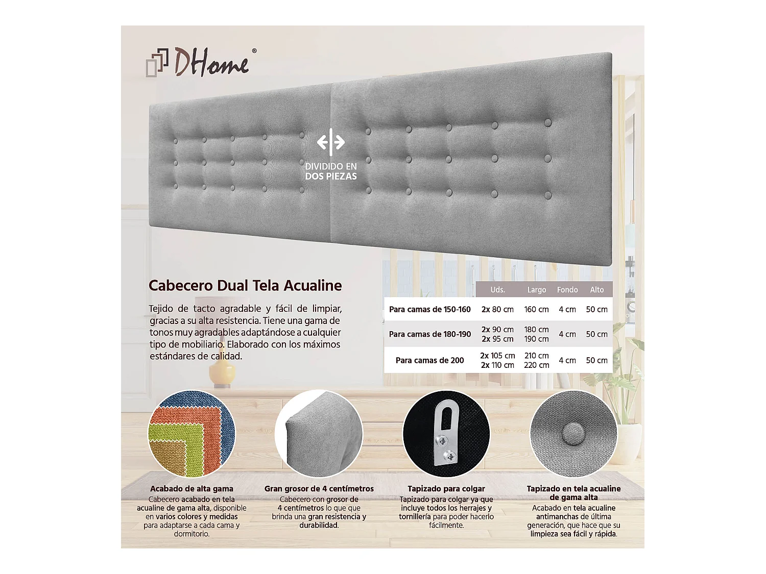 DHOME Testiera in Tessuto ACUALINE con 3 File di Bottoni Testiera Imbottita Letto di Lusso (Grigio, 210cm (2 pezzi))