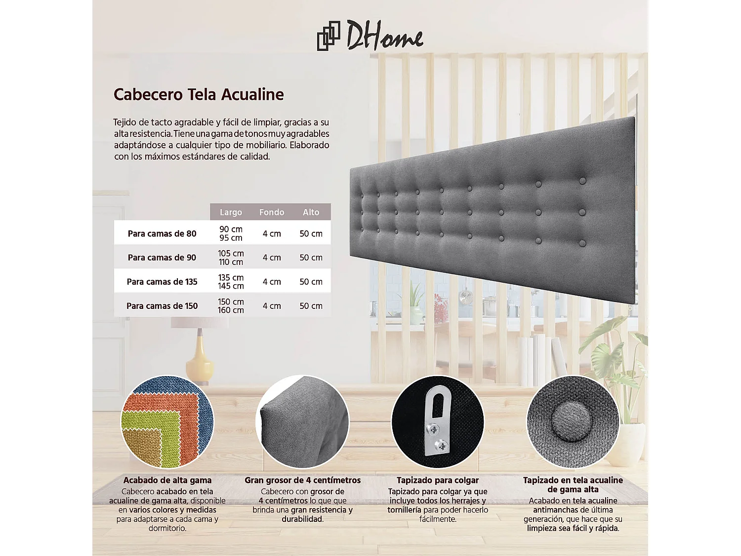 DHOME Tête de lit de tissu ACUALINE avec 3 rangées de boutons et pieds tête de lit capitonnée de luxe pour lit (Gris Ceniza, 150cm)