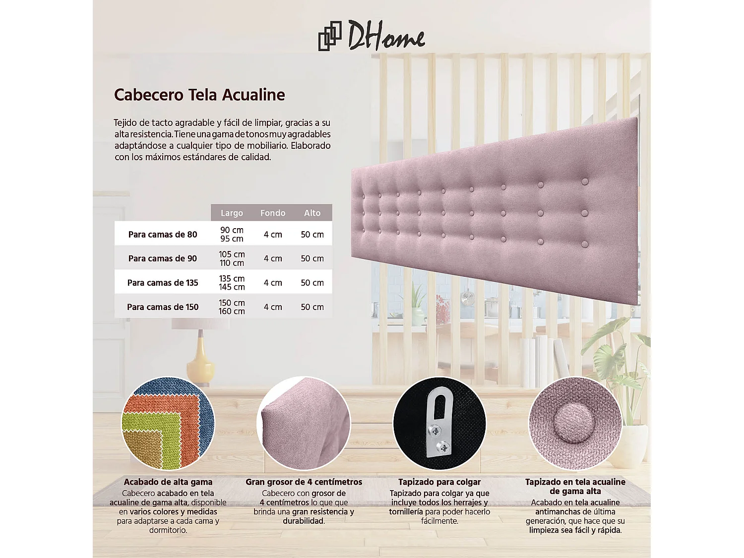 DHOME Cabeceira de tecido ACUALINE com 3 fileiras de botões e pés cabeceira estofada de luxo para cama (Tierra, 145cm)