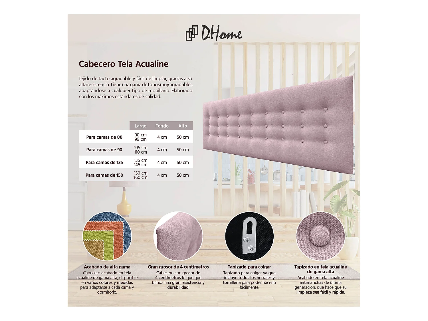 DHOME Testiera in Tessuto ACUALINE con 3 File di Bottoni Testiera Imbottita Letto di Lusso (Salmón, 135cm)