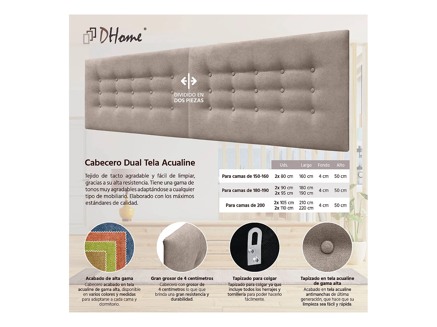 DHOME Tête de Lit en Tissu ACUALINE avec 3 Rangées de Boutons Tête de Lit Capitonnée de Luxe (Tierra, 190cm (2 pièces))