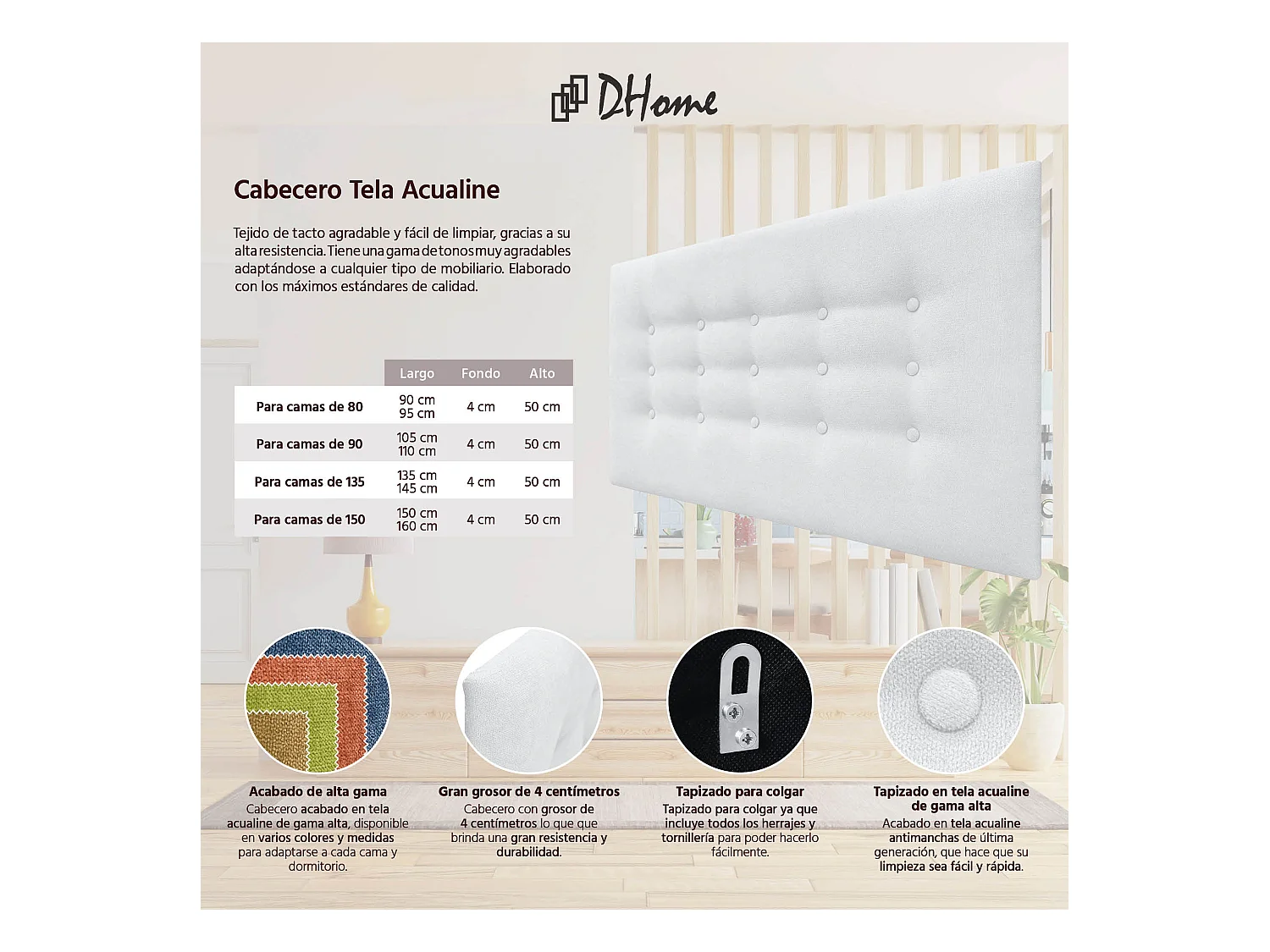 DHOME Kopfteil de Stoff ACUALINE mit 3 Knopfreihen und Beinen gepolstertes luxuriöses Bettkopfteil (Blanco, 110cm)