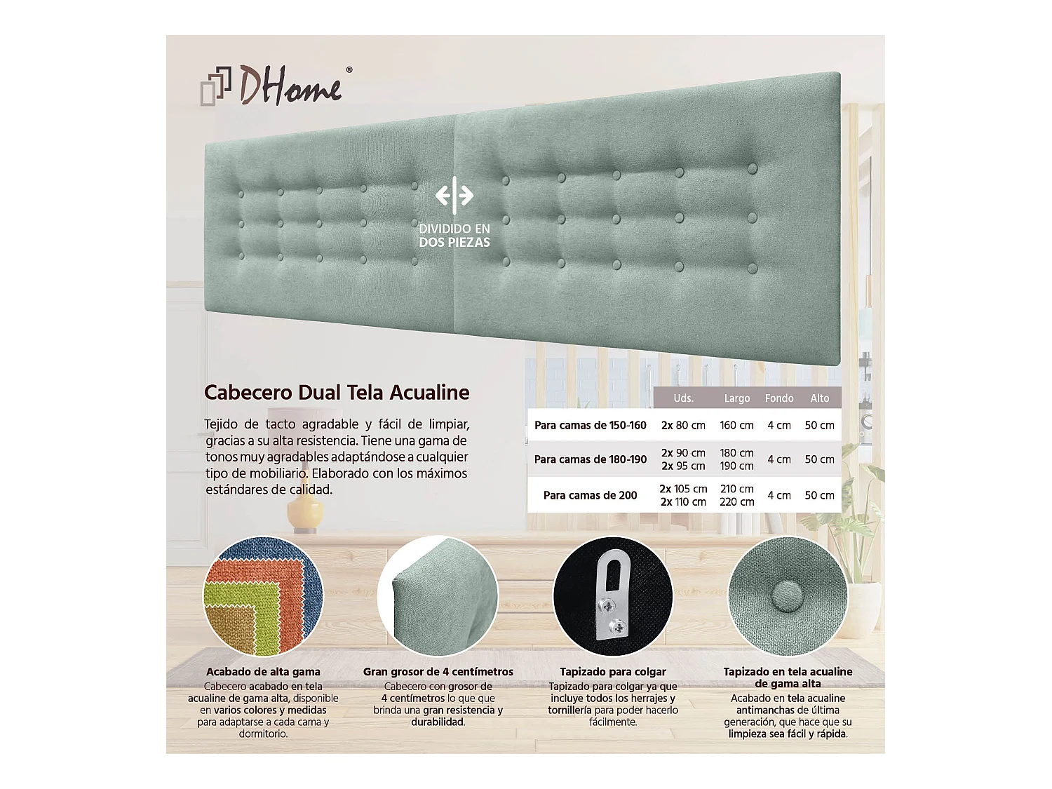 DHOME Kopfteil de Stoff ACUALINE mit 3 Knopfreihen gepolstertes luxuriöses Bettkopfteil (Verde Agua, 160cm (2 piezas))