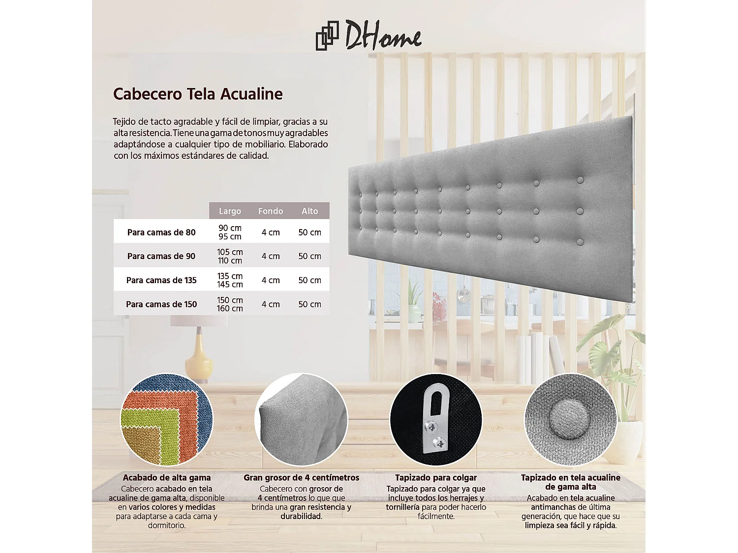 DHOME Kopfteil de Stoff ACUALINE mit 3 Knopfreihen und Beinen gepolstertes luxuriöses Bettkopfteil (Gris, 150cm)