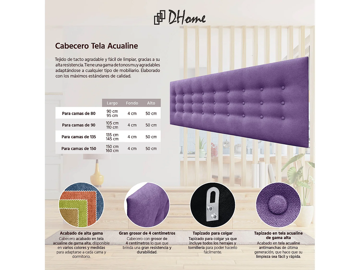 DHOME Hoofdbord de stof ACUALINE met 3 rijen knopen gepolsterd luxe hoofdbord voor bed (Lila, 160cm)