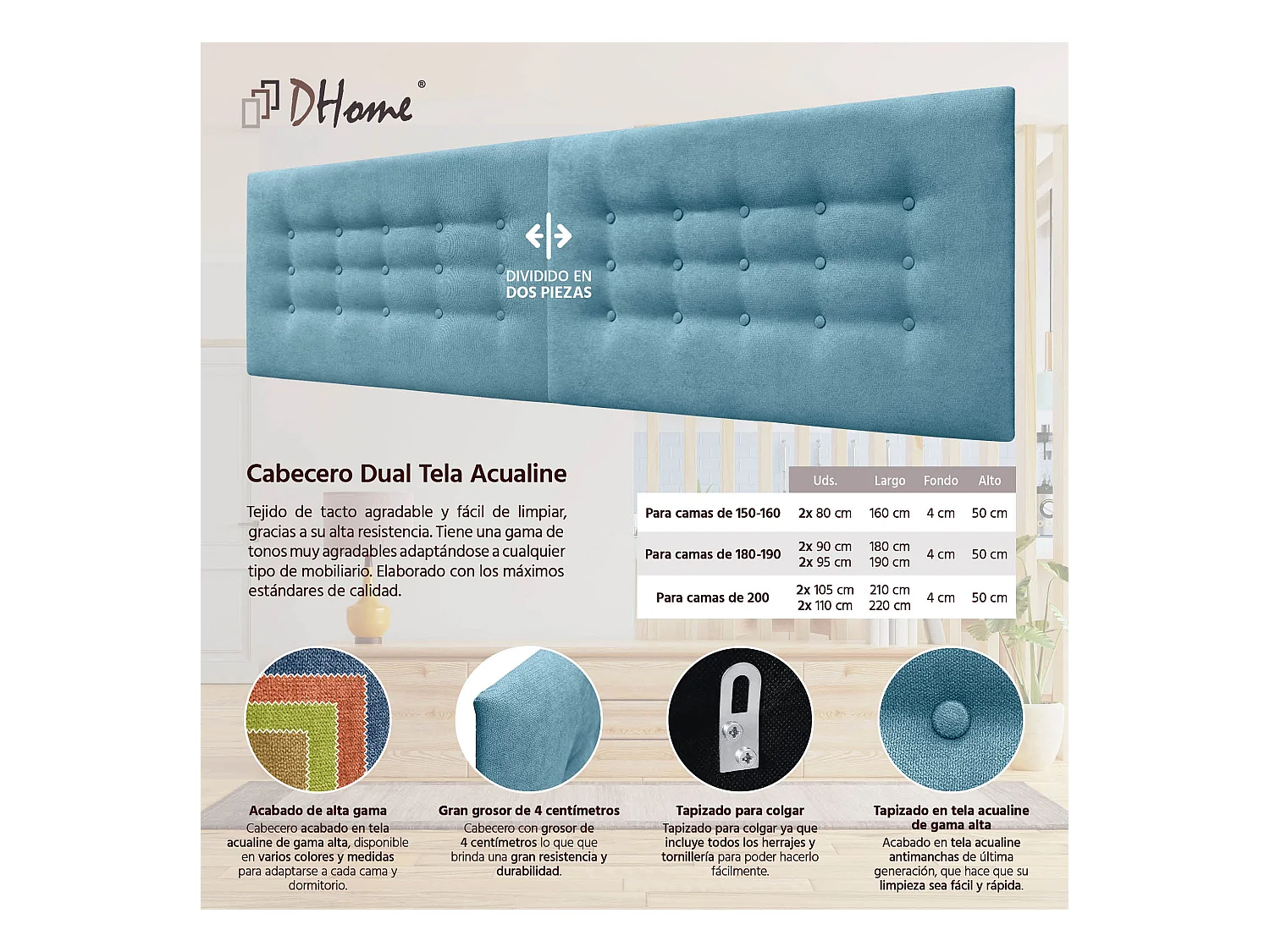 DHOME Testiera in Tessuto ACUALINE con 3 File di Bottoni Testiera Imbottita Letto di Lusso (Turchese, 210cm (2 pezzi))