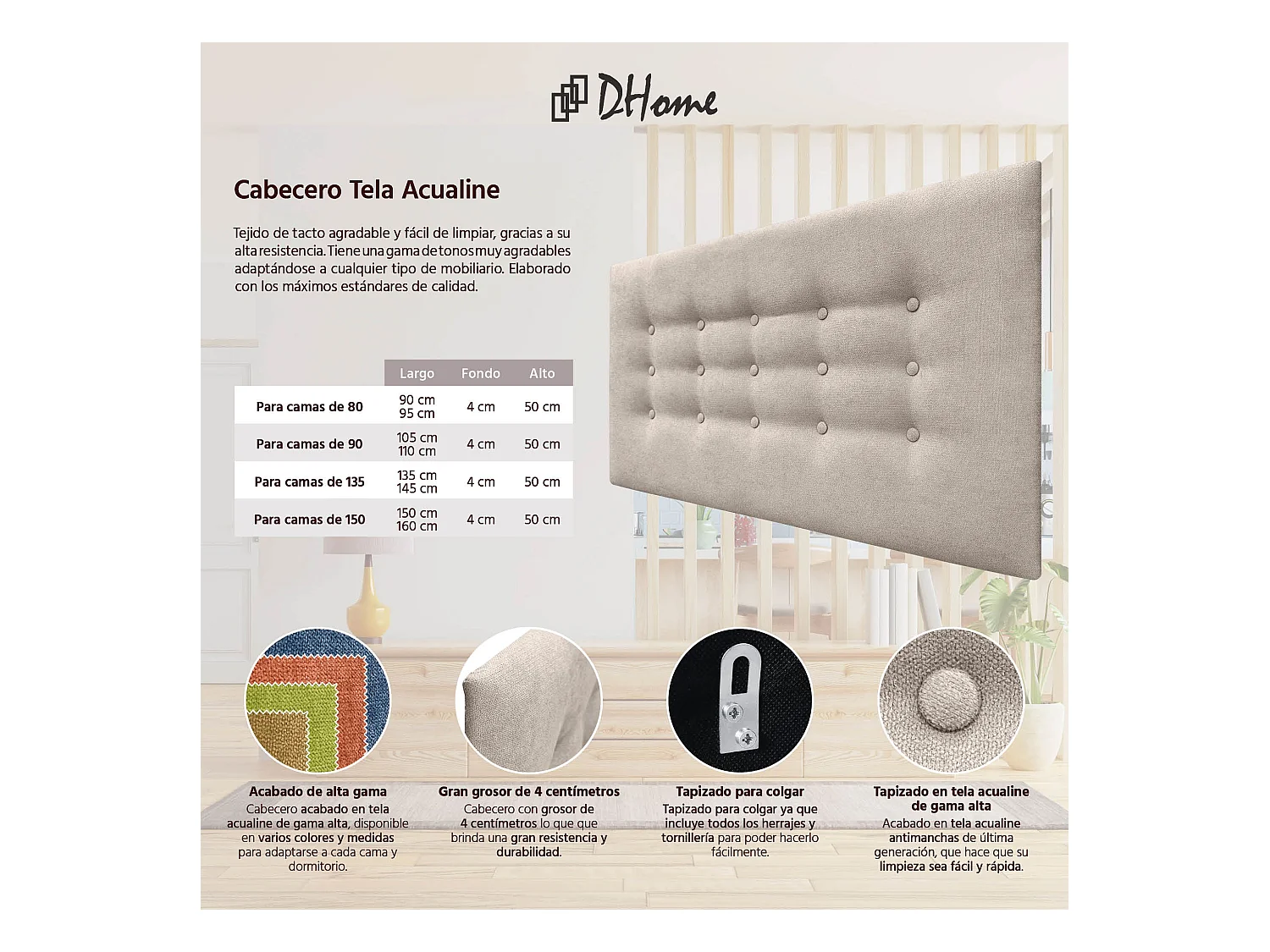 DHOME Kopfteil de Stoff ACUALINE mit 3 Knopfreihen und Beinen gepolstertes luxuriöses Bettkopfteil (Beige, 105cm)