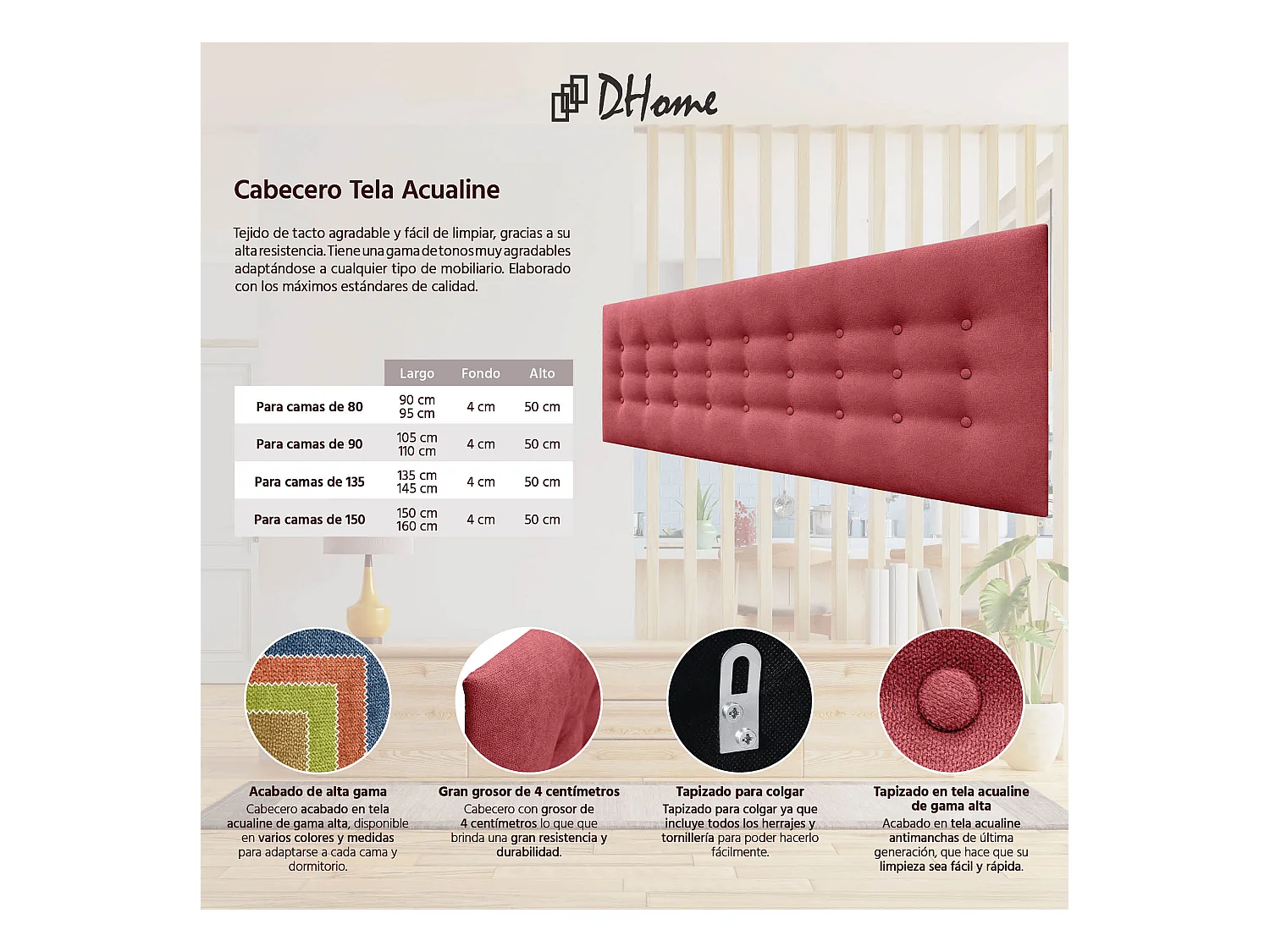 DHOME Kopfteil de Stoff ACUALINE mit 3 Knopfreihen und Beinen gepolstertes luxuriöses Bettkopfteil (Salmón, 150cm)