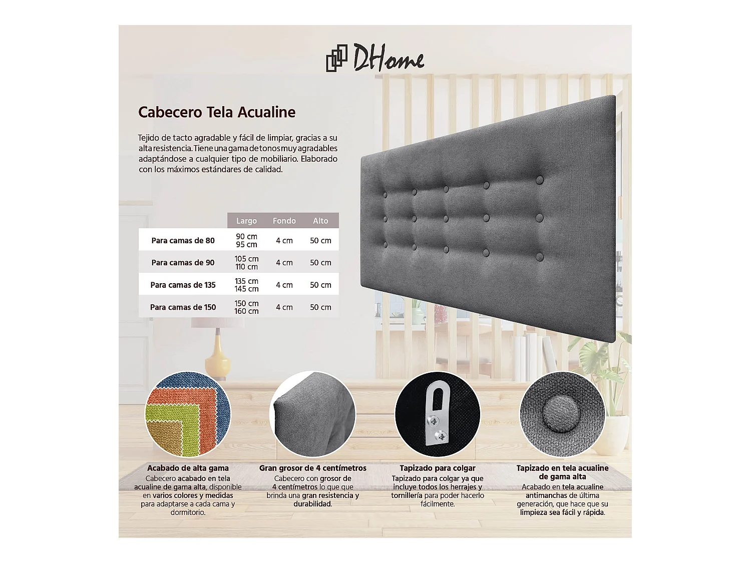 DHOME Kopfteil de Stoff ACUALINE mit 3 Knopfreihen und Beinen gepolstertes luxuriöses Bettkopfteil (Gris Ceniza, 105cm)