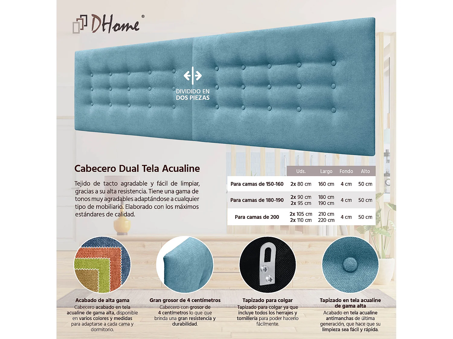 DHOME Tête de Lit en Tissu ACUALINE avec 3 Rangées de Boutons Tête de Lit Capitonnée de Luxe (Turquoise, 160cm (2 pièces))