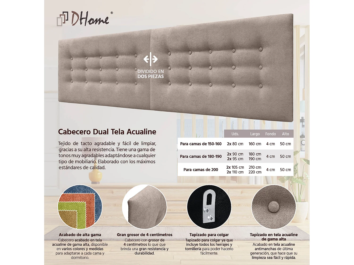 DHOME Tête de Lit en Tissu ACUALINE avec 3 Rangées de Boutons Tête de Lit Capitonnée de Luxe (Tierra, 160cm (2 pièces))