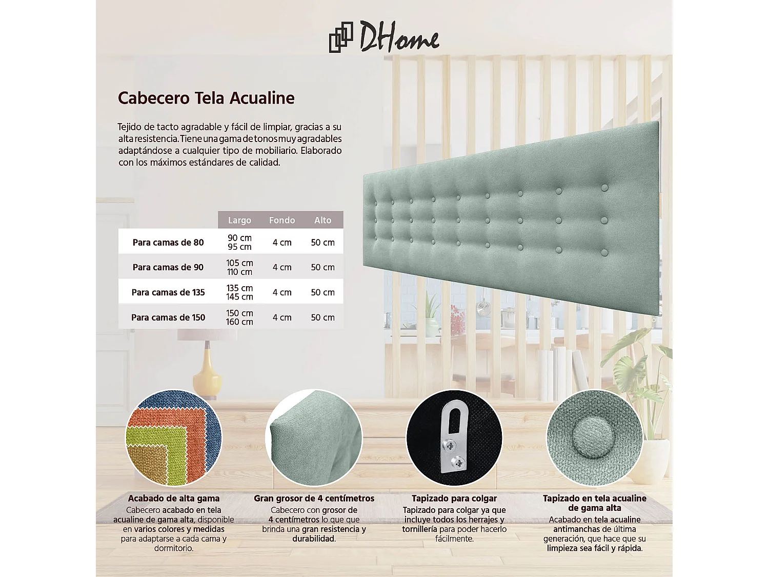 DHOME Tête de Lit en Tissu ACUALINE avec 3 Rangées de Boutons Tête de Lit Capitonnée de Luxe (Vert d’eau, 145cm)