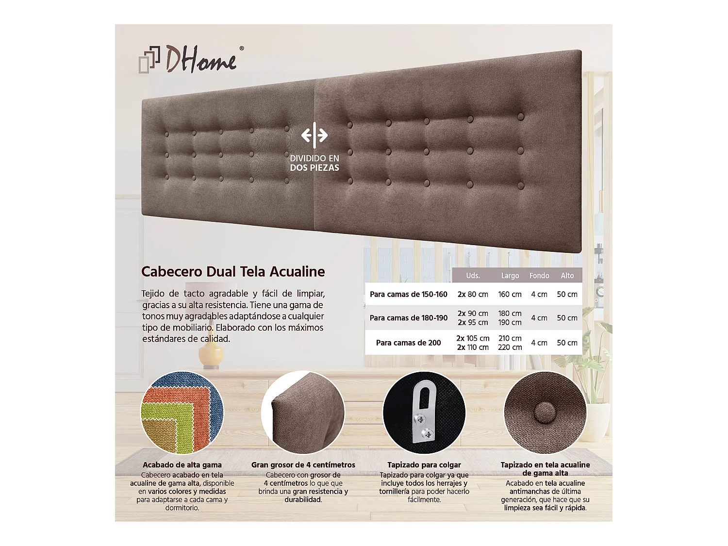 DHOME Tête de Lit en Tissu ACUALINE avec 3 Rangées de Boutons Tête de Lit Capitonnée de Luxe (Marrón, 180cm (2 pièces))