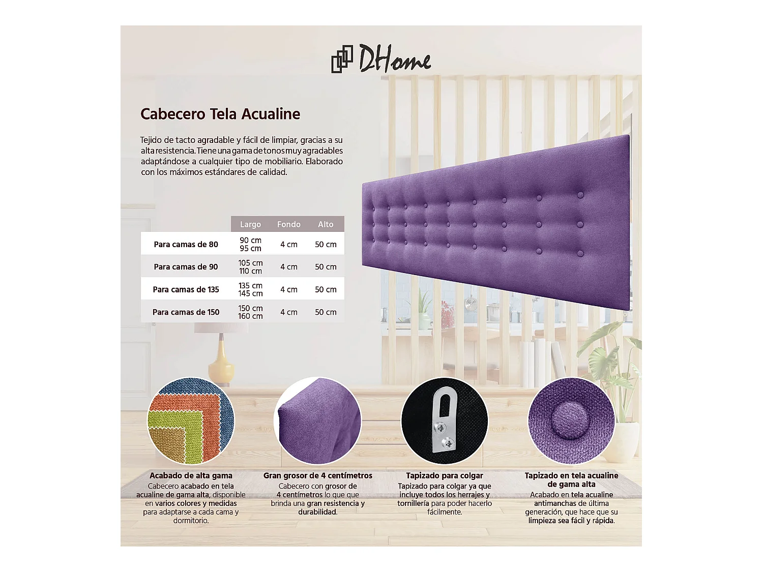 DHOME Kopfteil de Stoff ACUALINE mit 3 Knopfreihen und Beinen gepolstertes luxuriöses Bettkopfteil (Lila, 150cm)