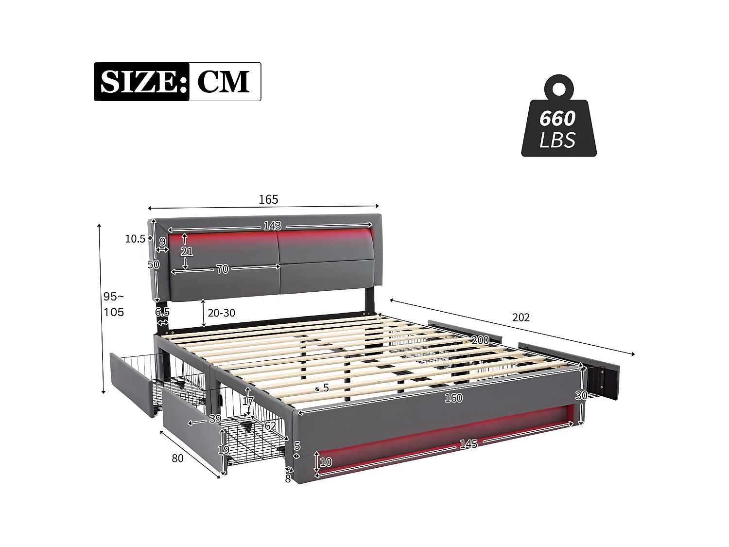 Tweepersoonsbed 160x200 cm met 4 opberglades, USB-poort en LED-verlichting, zonder matras, grijs