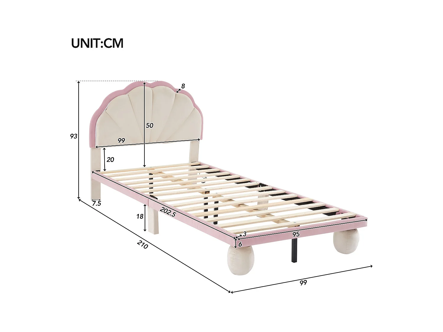 Cama infantil 90x200 cm com LED em veludo, sem colchão, bege + rosa