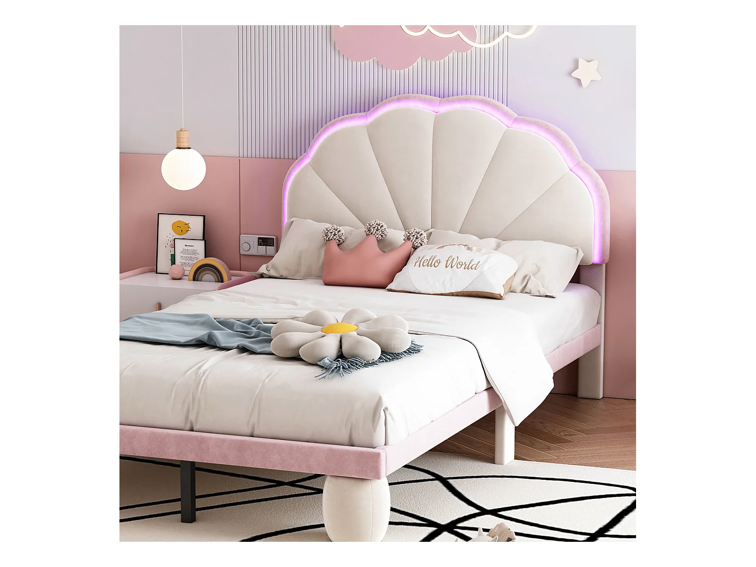 Cama infantil 90x200 cm com LED em veludo, sem colchão, bege + rosa