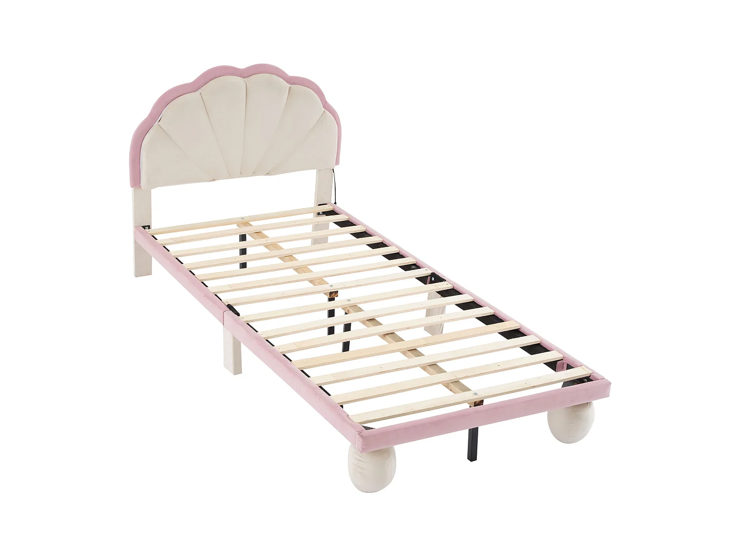 Cama infantil 90x200 cm com LED em veludo, sem colchão, bege + rosa