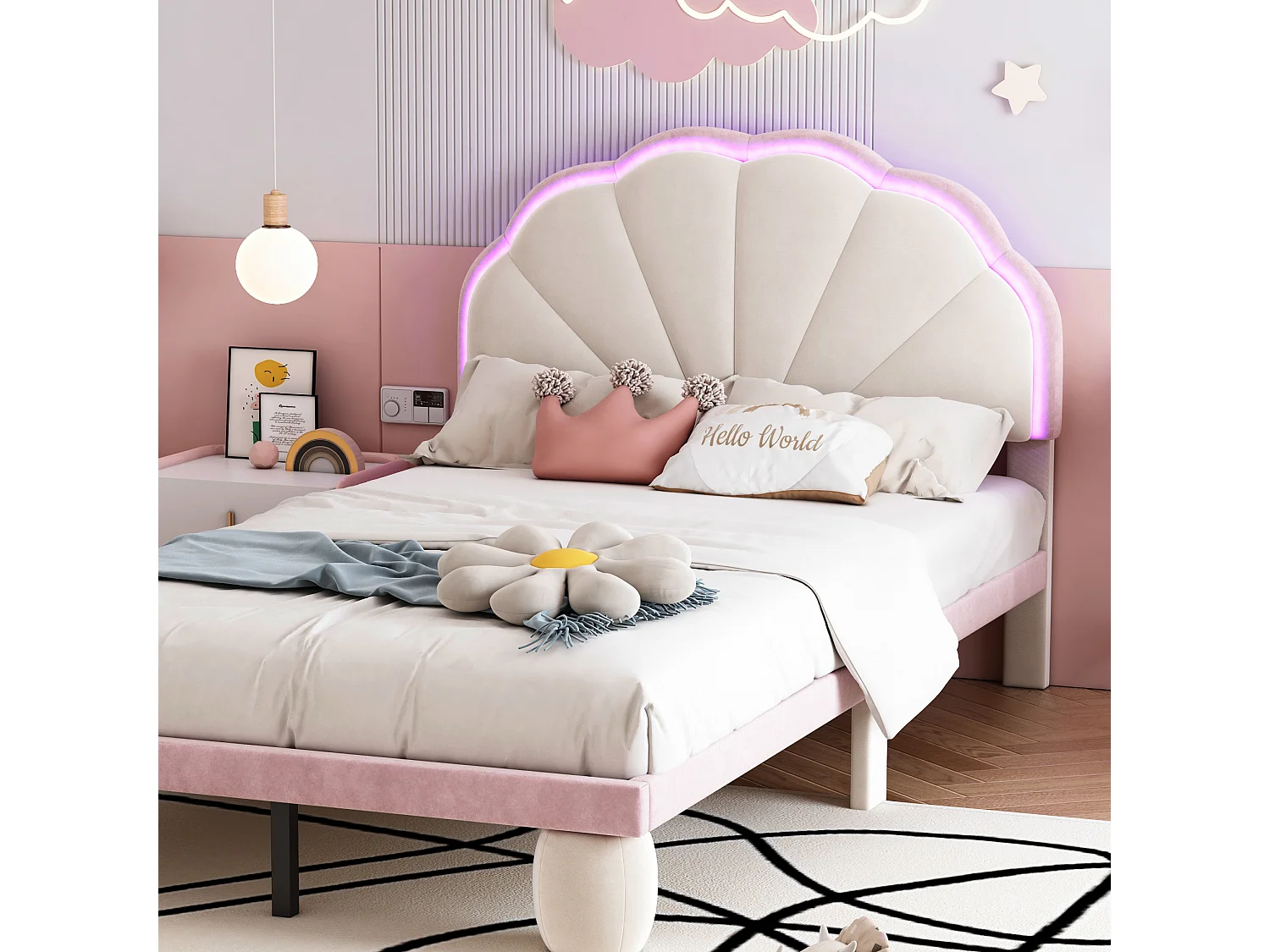 Lit enfant 90x200 cm avec LED en velours, sans matelas, beige + rose
