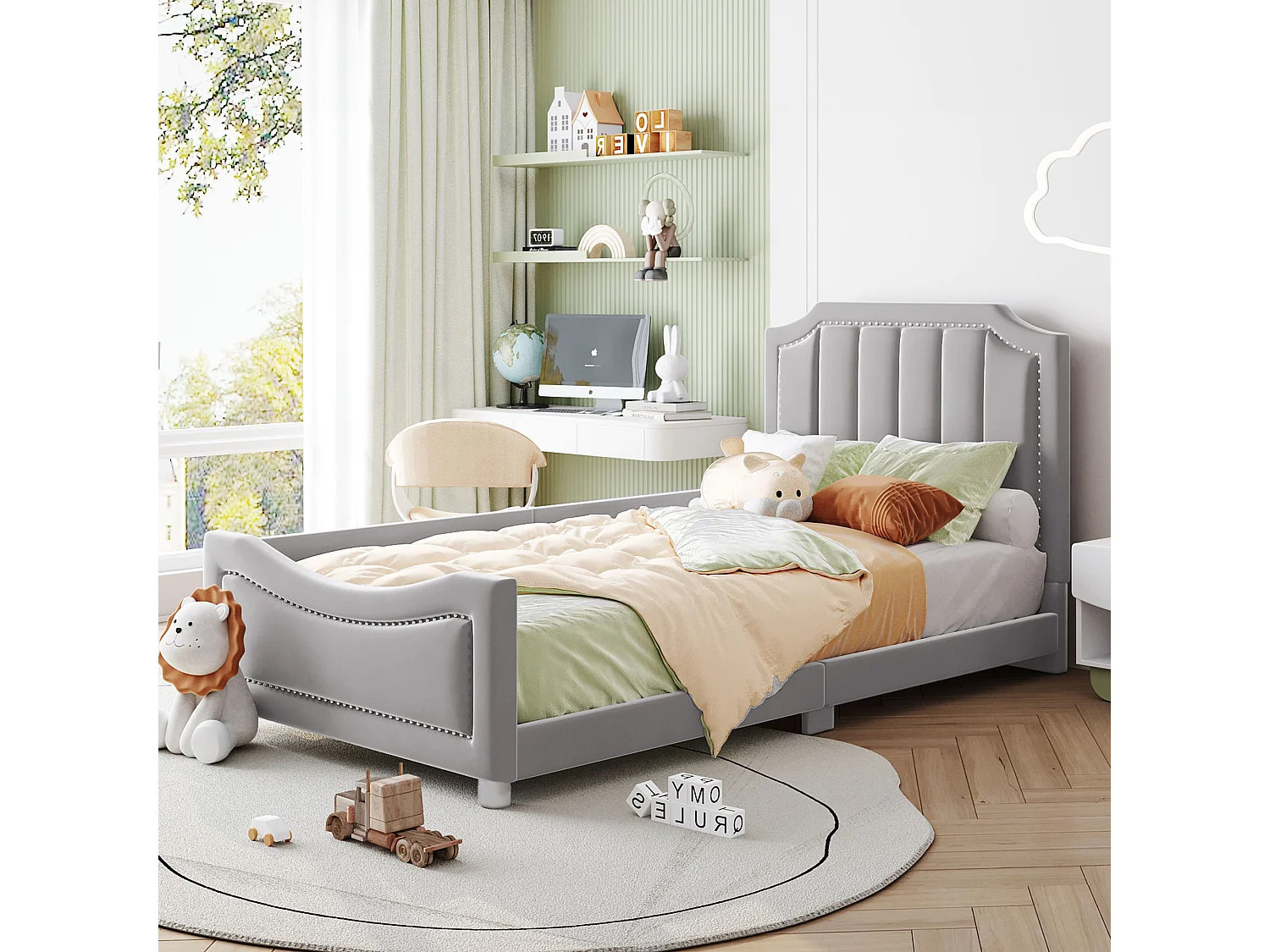 Lit enfant Simple 90x200 cm gris en flanelle, sans matelas