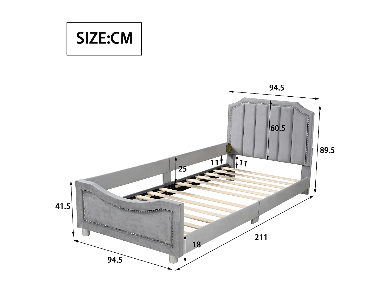 Lit enfant Simple 90x200 cm gris en flanelle, sans matelas