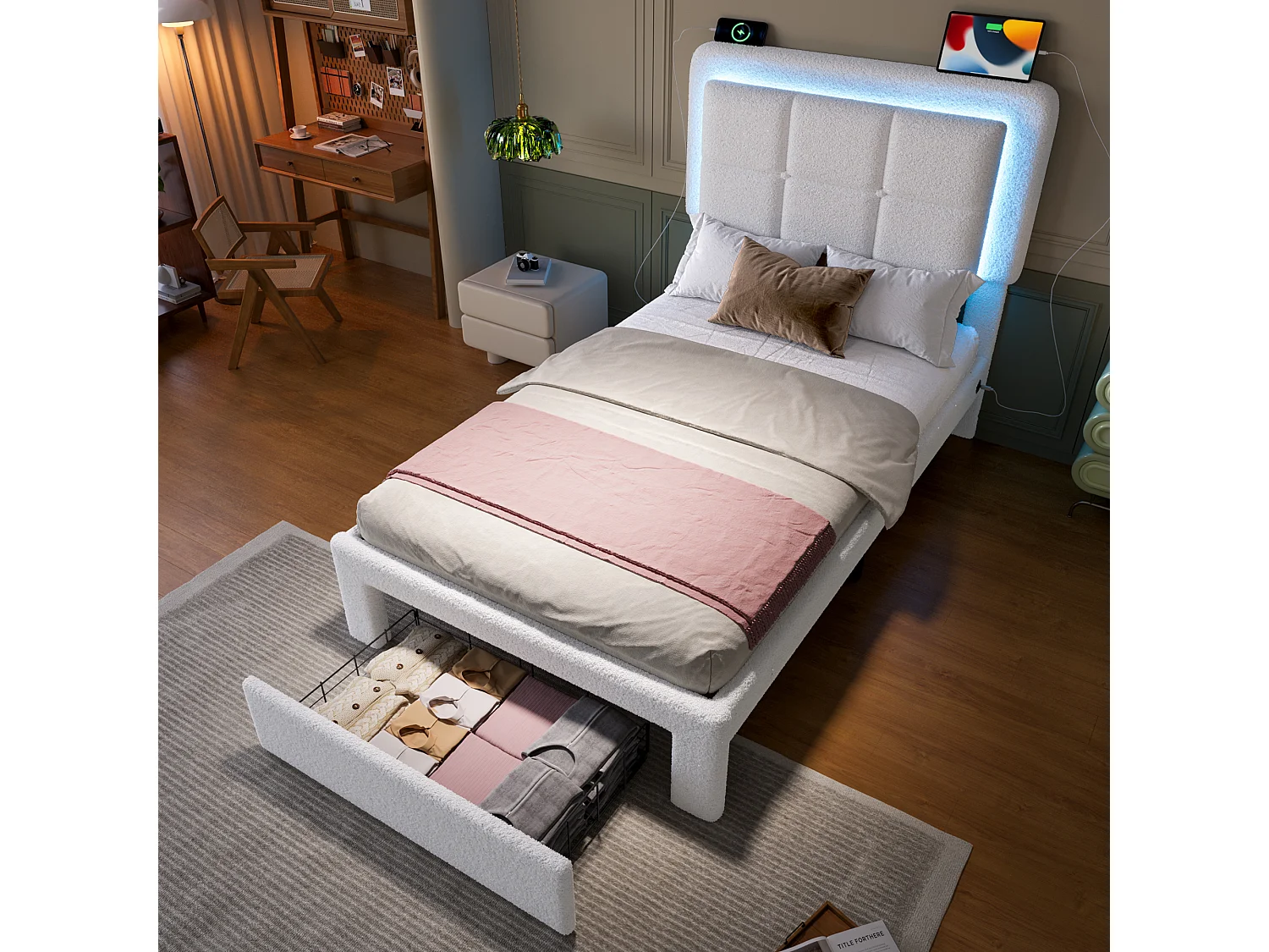 Lit adulte 90x200 cm avec port USB + LED, tissu teddy, cadre en fer et bois, tête de lit réglable, sans matelas