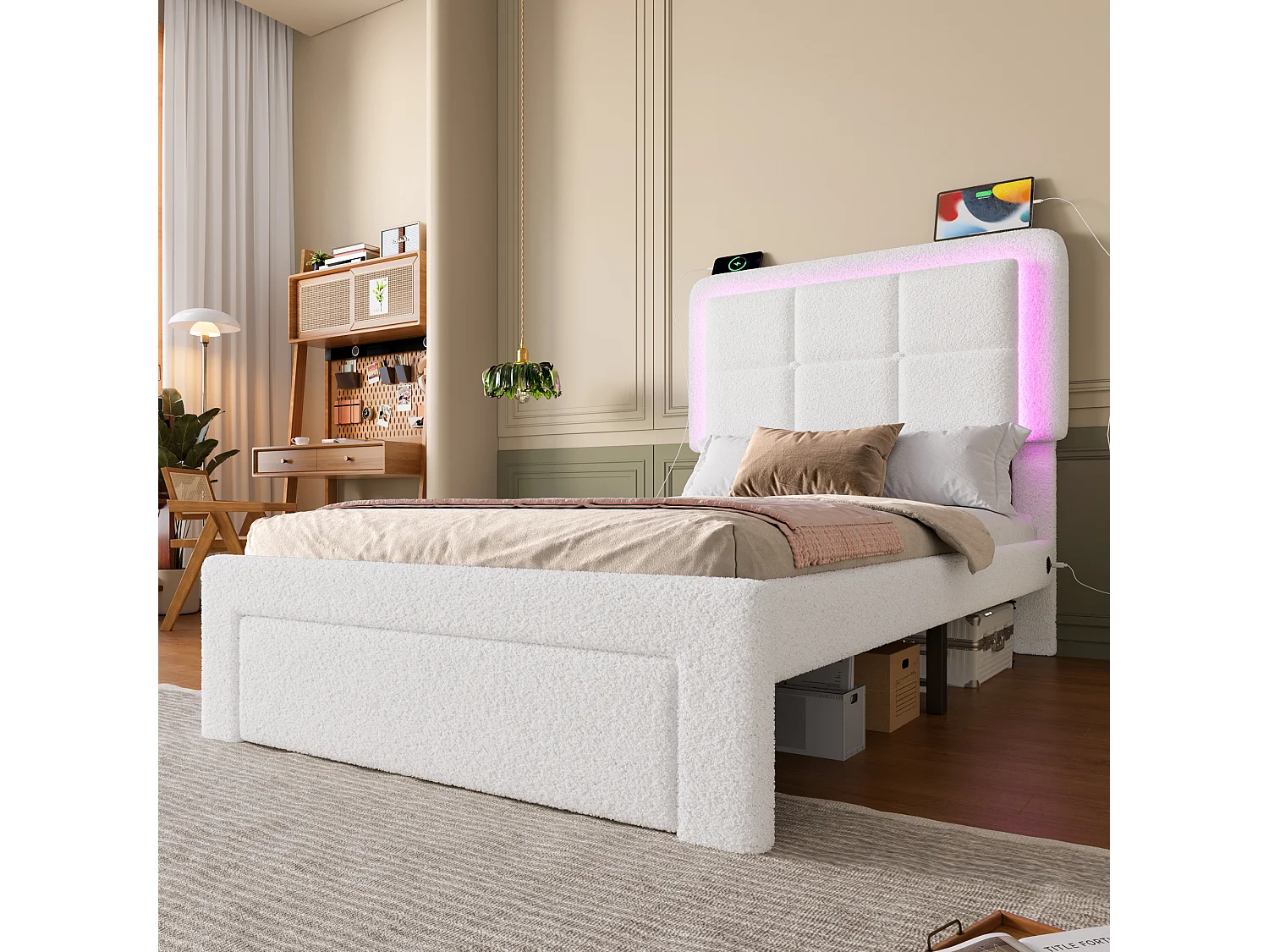 Lit adulte 90x200 cm avec port USB + LED, tissu teddy, cadre en fer et bois, tête de lit réglable, sans matelas