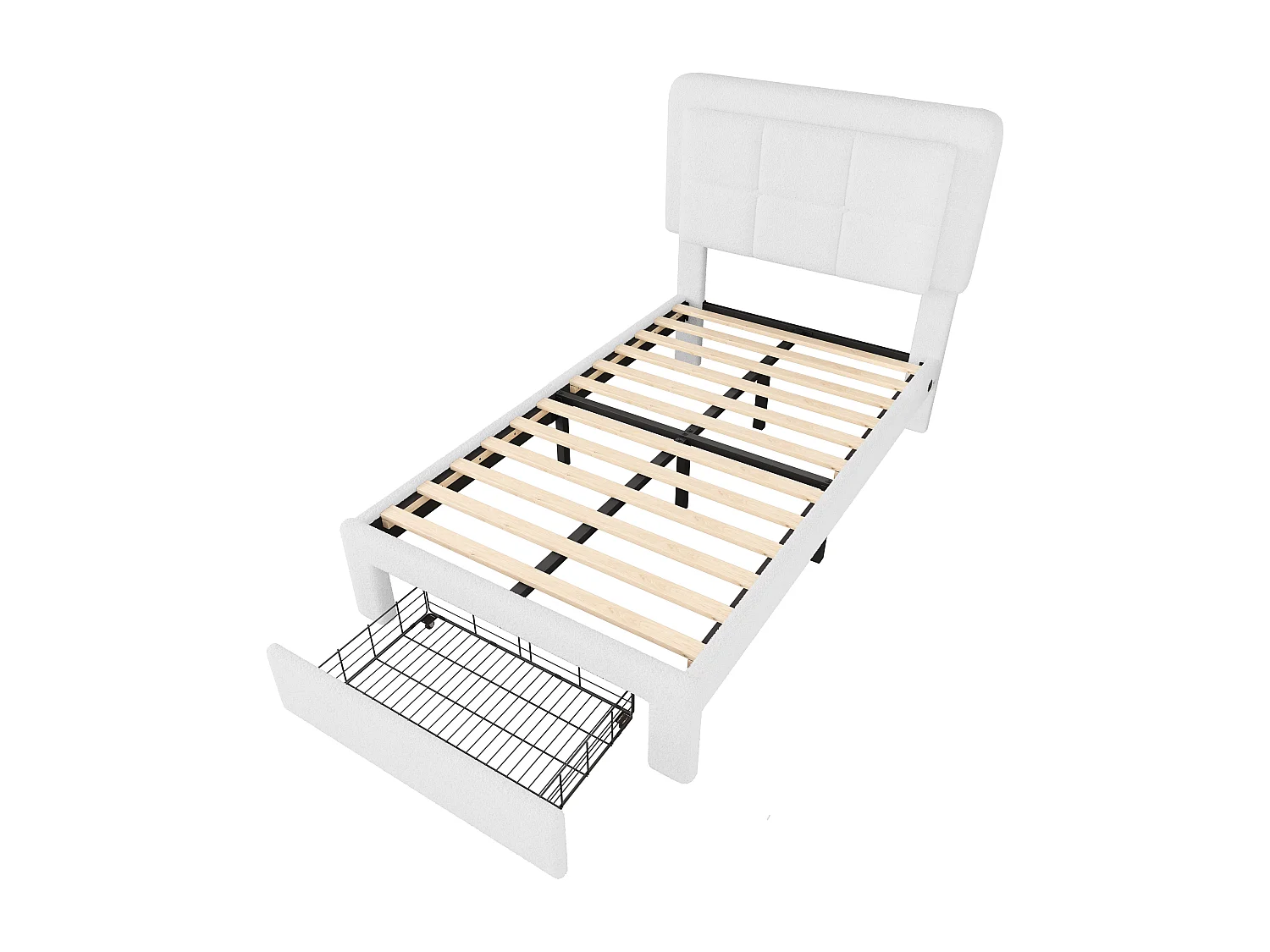 Lit adulte 90x200 cm avec port USB + LED, tissu teddy, cadre en fer et bois, tête de lit réglable, sans matelas