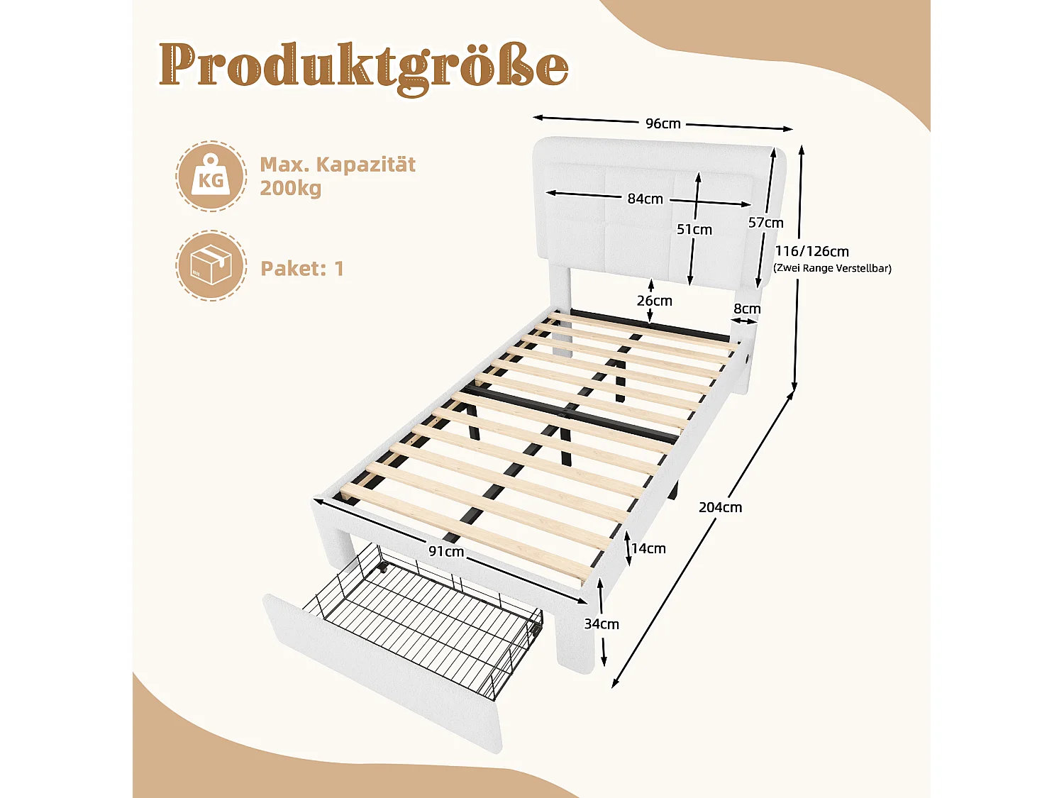 Lit adulte 90x200 cm avec port USB + LED, tissu teddy, cadre en fer et bois, tête de lit réglable, sans matelas