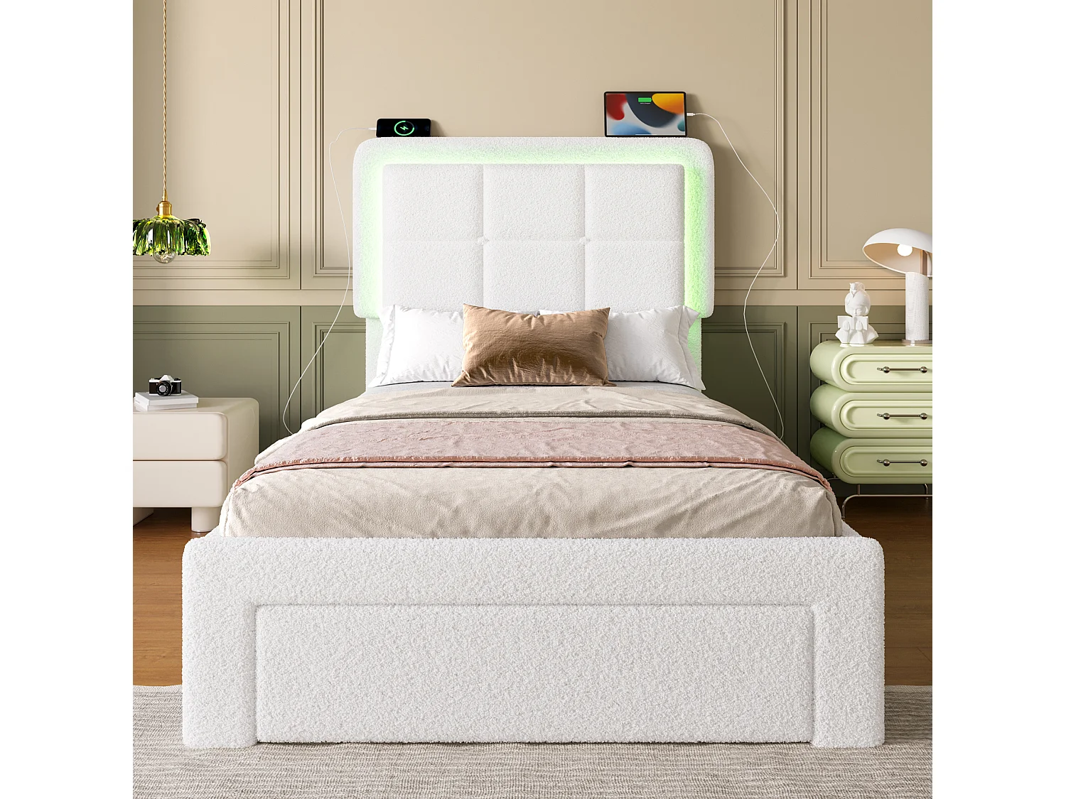 Lit adulte 90x200 cm avec port USB + LED, tissu teddy, cadre en fer et bois, tête de lit réglable, sans matelas