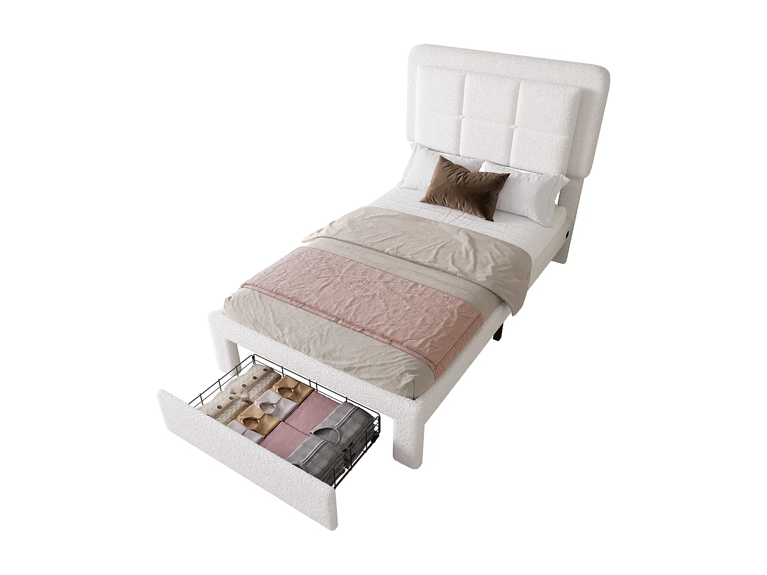 Lit adulte 90x200 cm avec port USB + LED, tissu teddy, cadre en fer et bois, tête de lit réglable, sans matelas