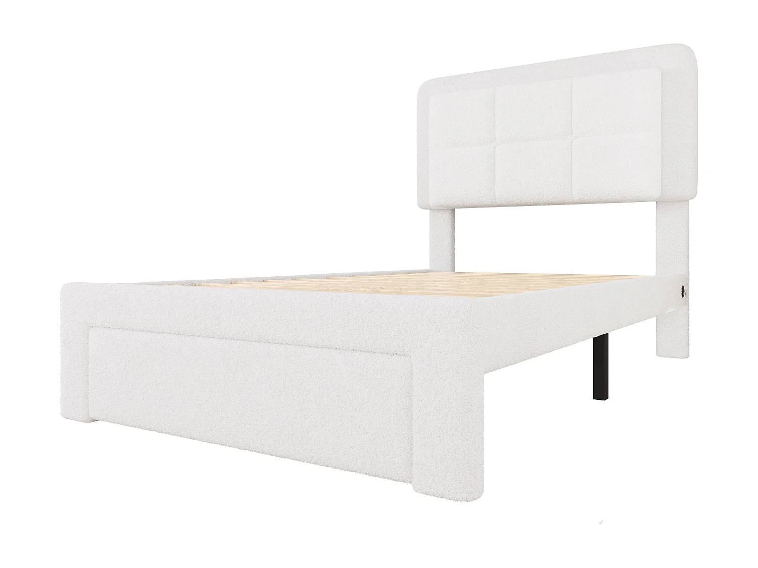 Lit adulte 90x200 cm avec port USB + LED, tissu teddy, cadre en fer et bois, tête de lit réglable, sans matelas