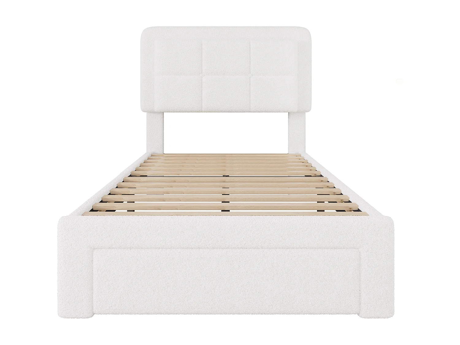 Lit adulte 90x200 cm avec port USB + LED, tissu teddy, cadre en fer et bois, tête de lit réglable, sans matelas