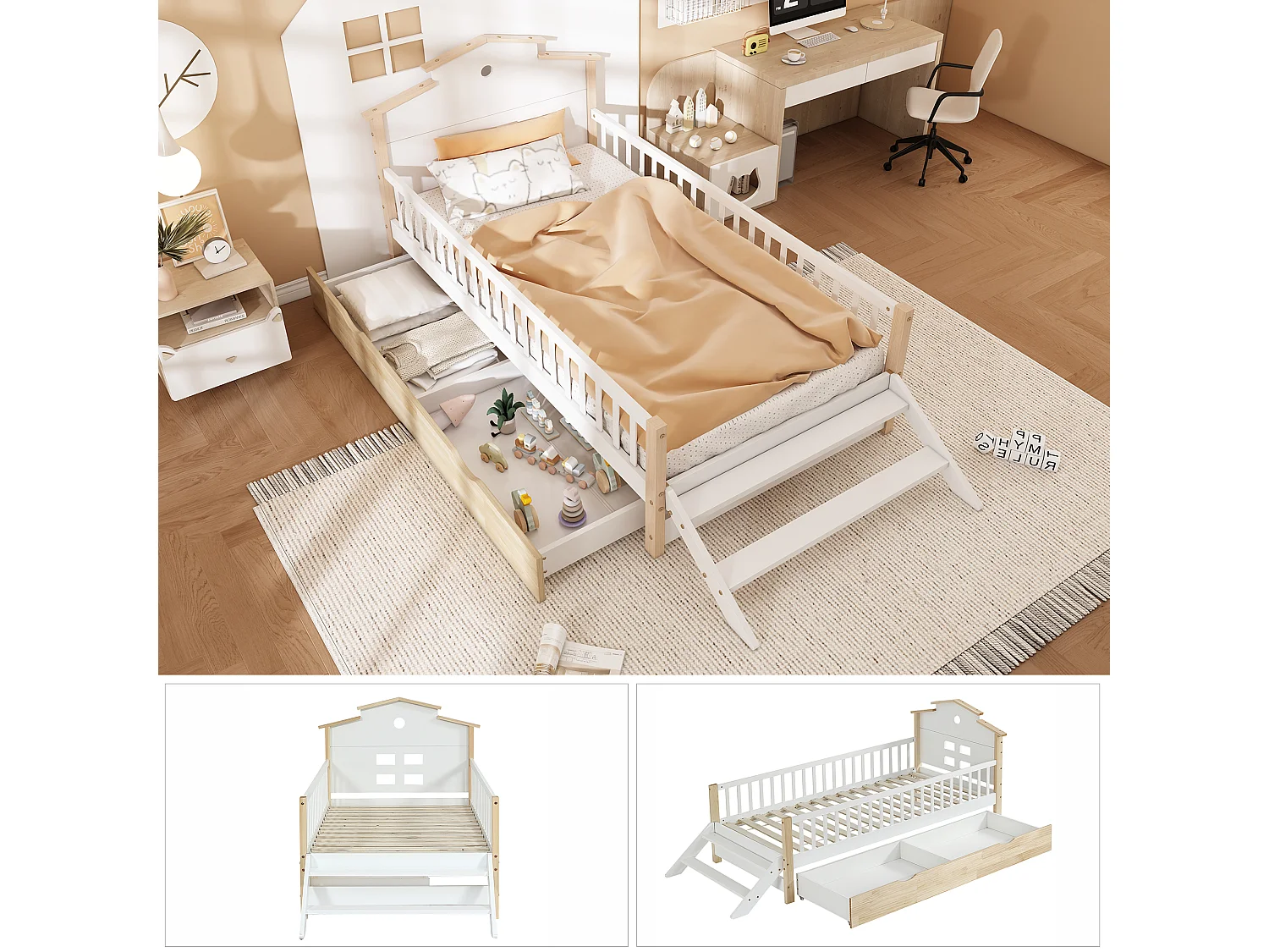 Lit enfant simple 90X200 cm avec tiroir de rangemant, barrière anti-chute, pin + MDF, sans matelas, blanc + naturel