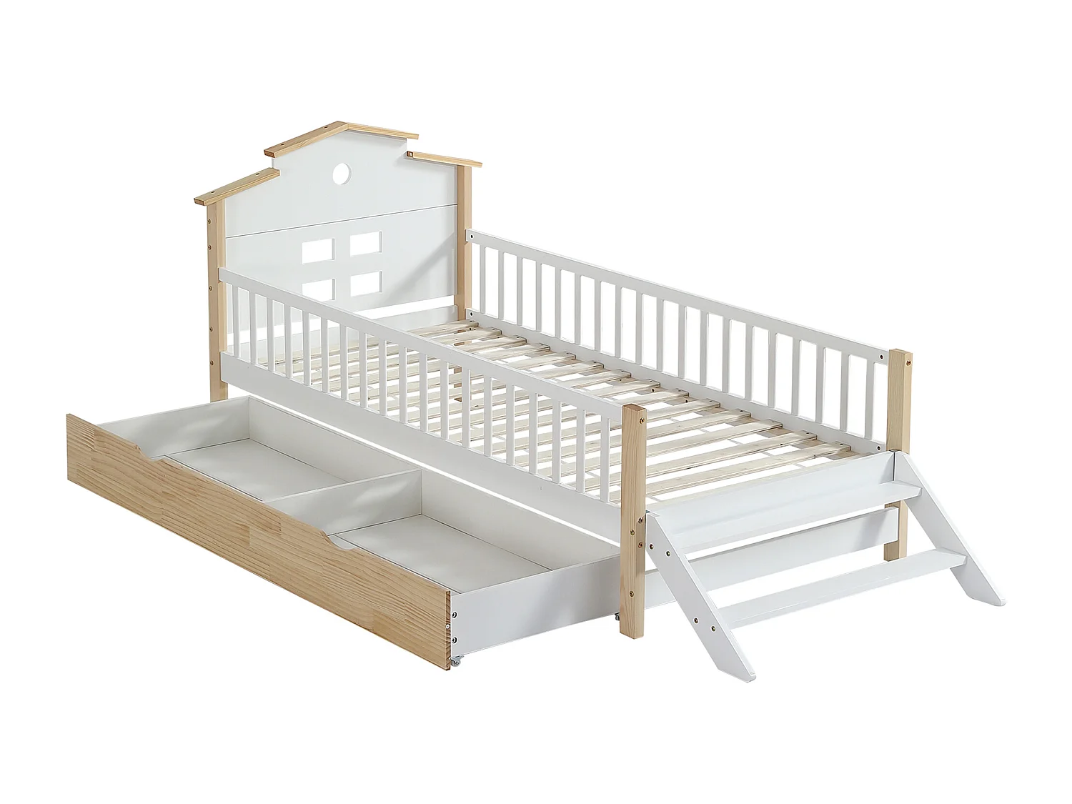 Lit enfant simple 90X200 cm avec tiroir de rangemant, barrière anti-chute, pin + MDF, sans matelas, blanc + naturel