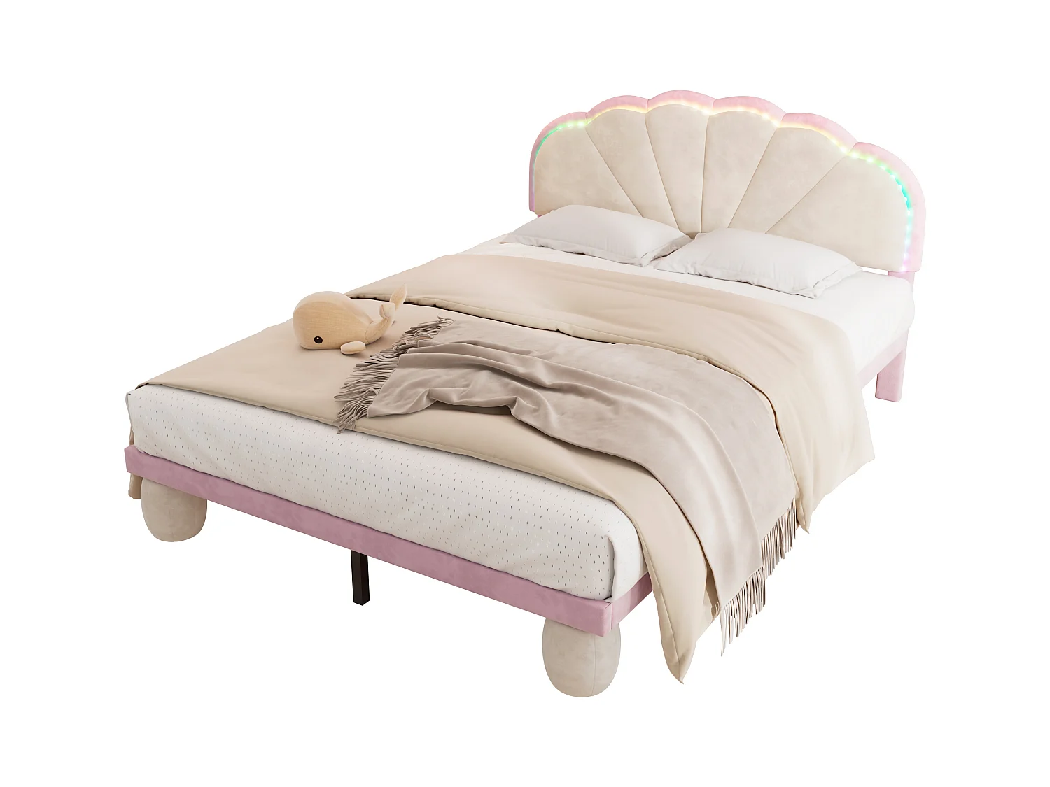 Letto imbottito per bambini 140x200 cm con LED e testiera smerlata, in velluto, letto matrimoniale beige e rosa, senza materasso