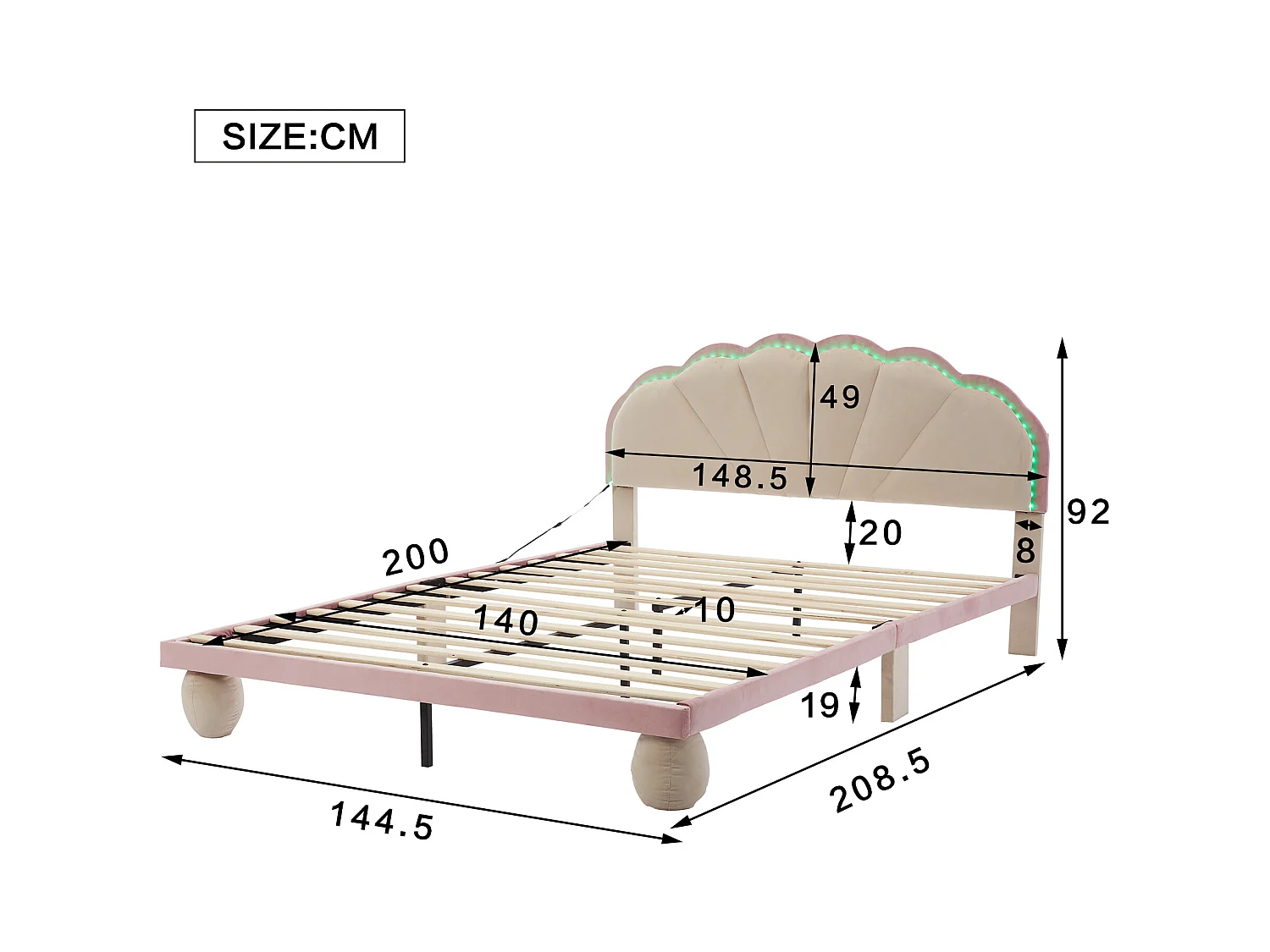 Letto imbottito per bambini 140x200 cm con LED e testiera smerlata, in velluto, letto matrimoniale beige e rosa, senza materasso
