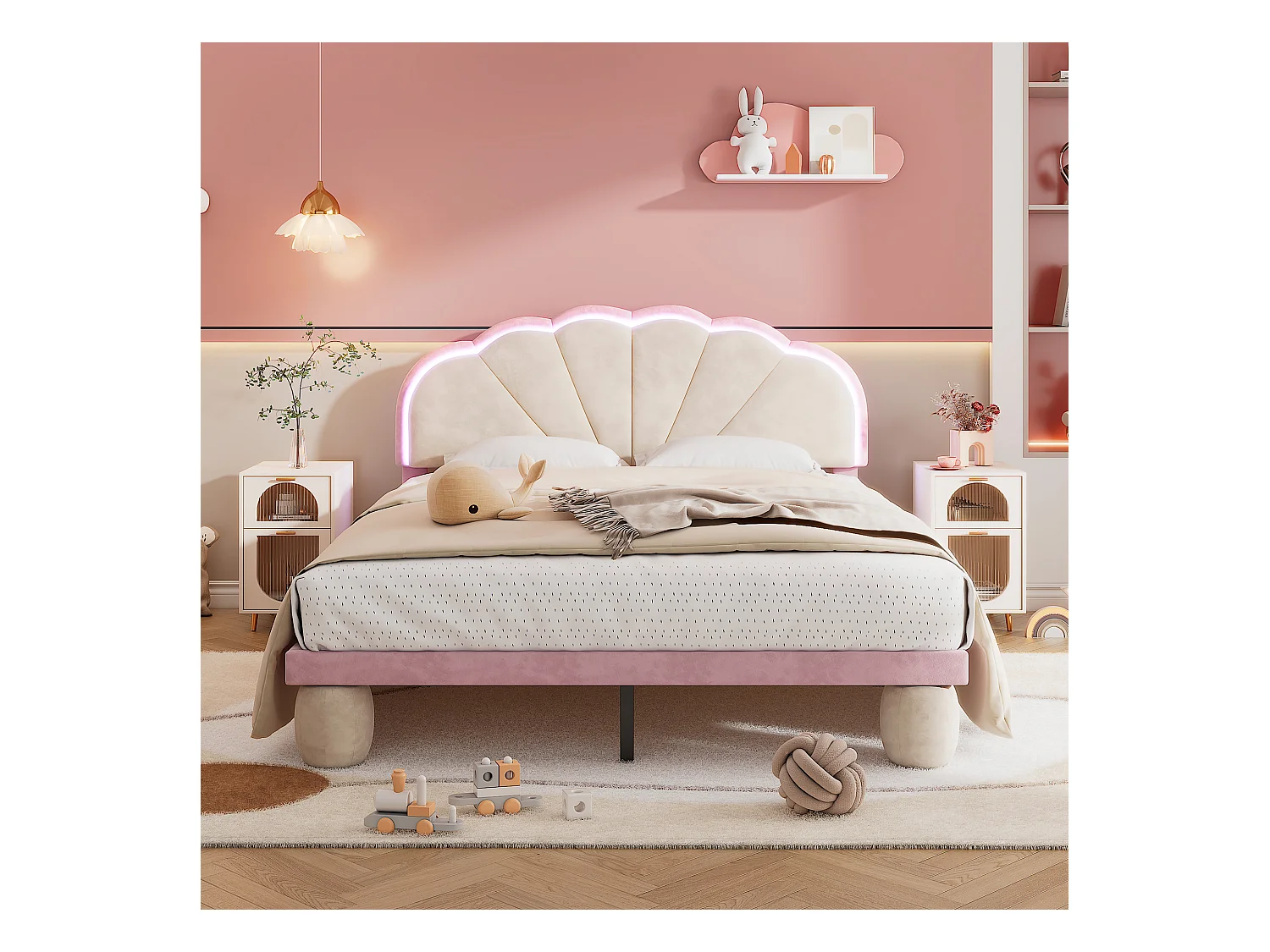 Letto imbottito per bambini 140x200 cm con LED e testiera smerlata, in velluto, letto matrimoniale beige e rosa, senza materasso