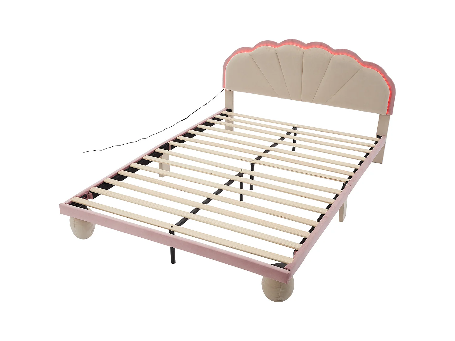 Letto imbottito per bambini 140x200 cm con LED e testiera smerlata, in velluto, letto matrimoniale beige e rosa, senza materasso