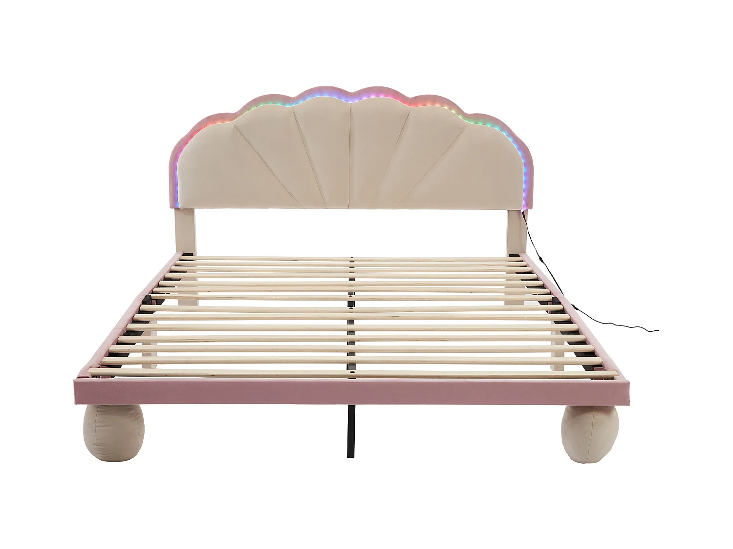 Lit enfant rembourré 140x200cm avec LED et tête de lit festonnée, velours, lit double en velours, beige + rose, sans matelas