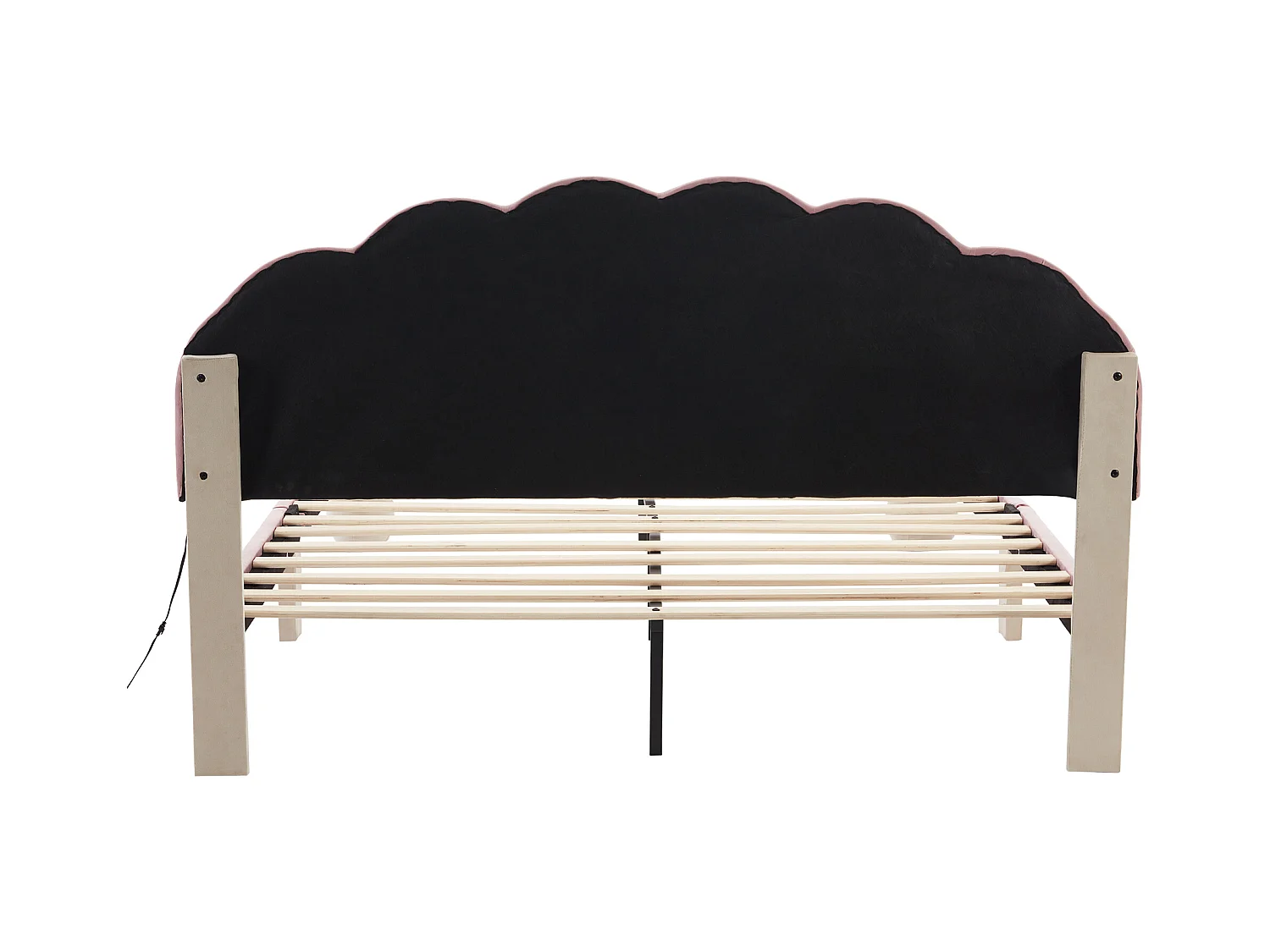 Lit enfant rembourré 140x200cm avec LED et tête de lit festonnée, velours, lit double en velours, beige + rose, sans matelas