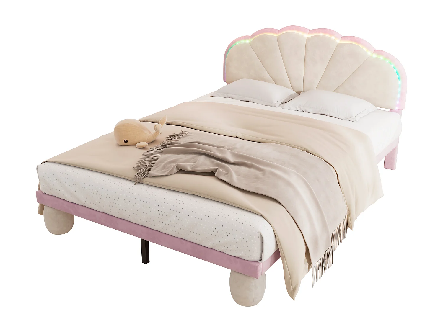 Lit enfant rembourré 140x200cm avec LED et tête de lit festonnée, velours, lit double en velours, beige + rose, sans matelas