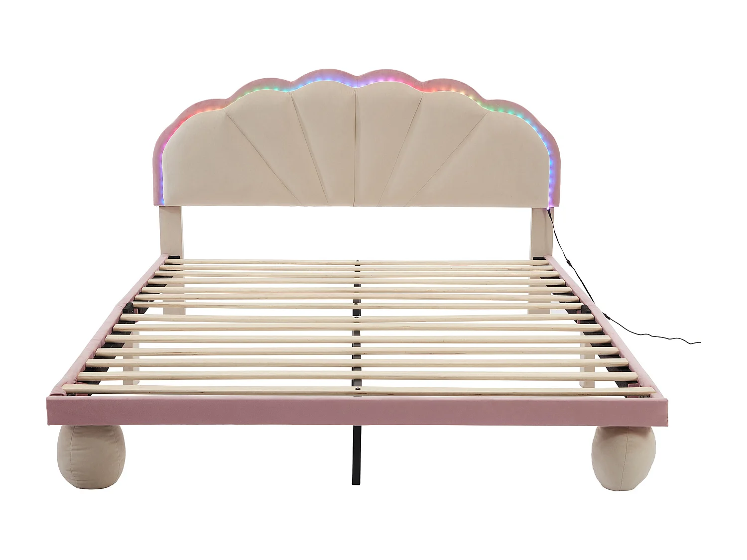 Lit enfant rembourré 140x200cm avec LED et tête de lit festonnée, velours, lit double en velours, beige + rose, sans matelas